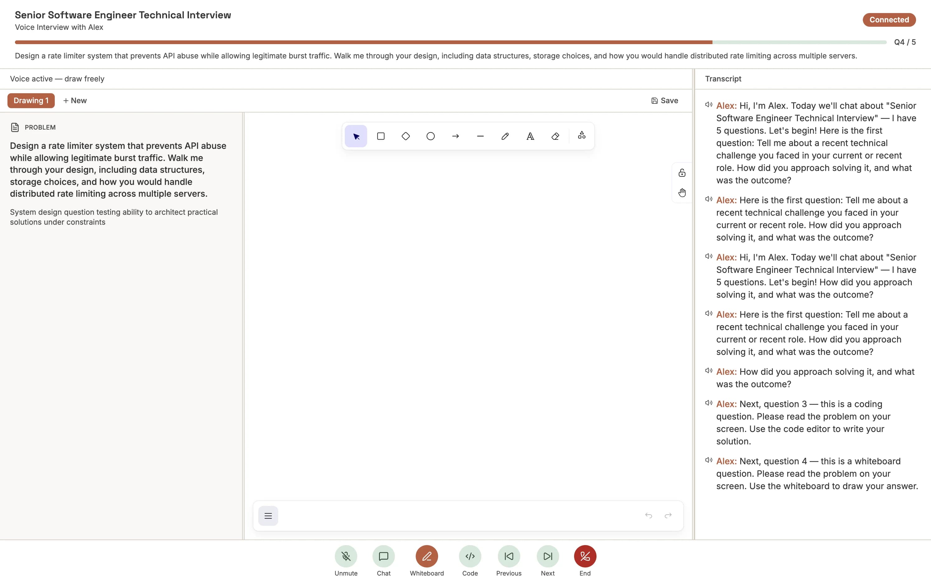 Whiteboard question — Excalidraw canvas with drawing tools and AI chat panel
